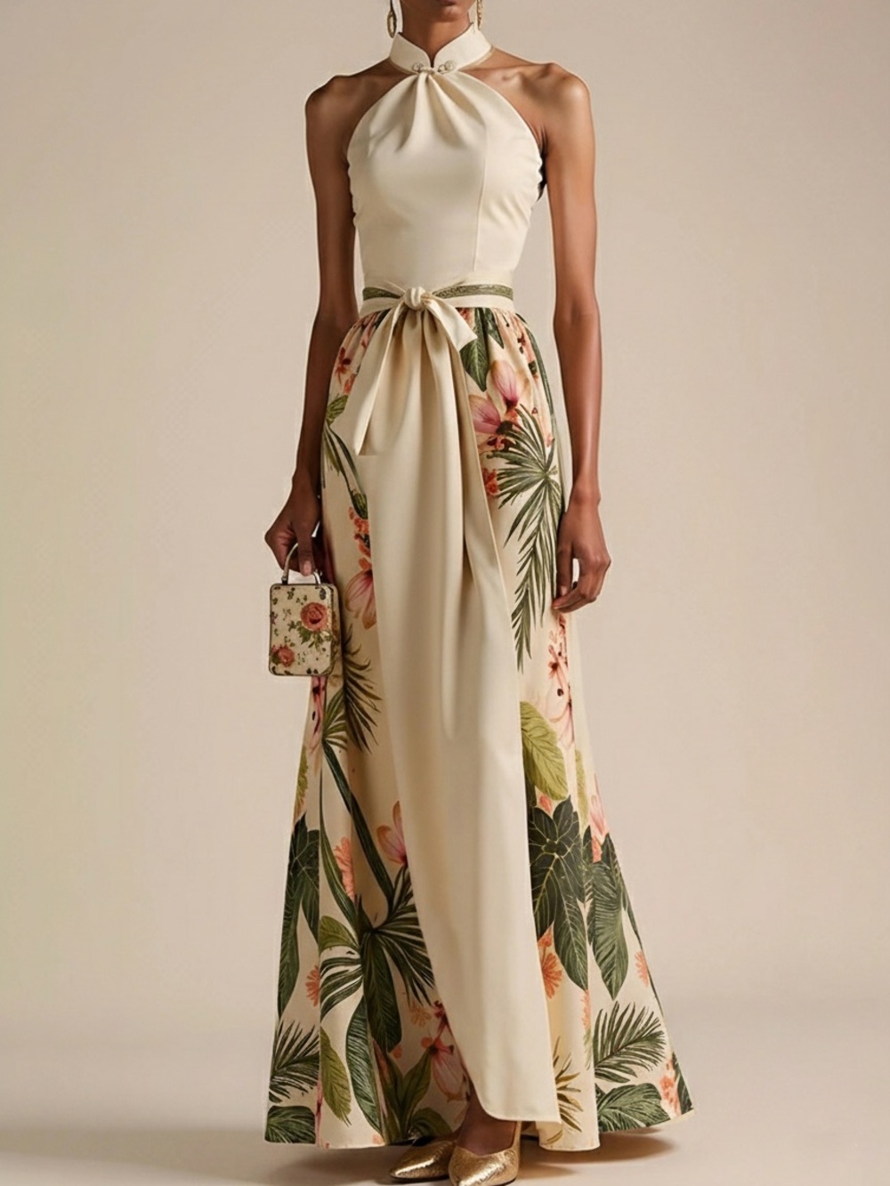 FEHAUTE Floral Satin Halter Maxi Gown Dress Beige US 12 NWT